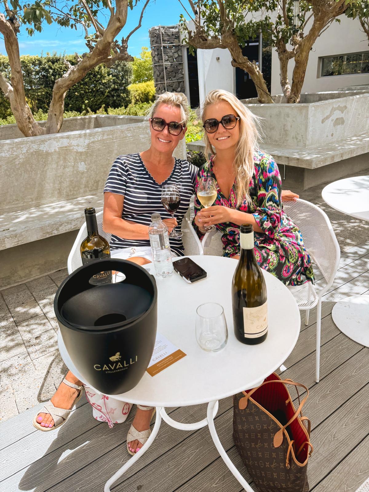 Monique and Lorraine tasting wine at Cavalli, Stellenbosch